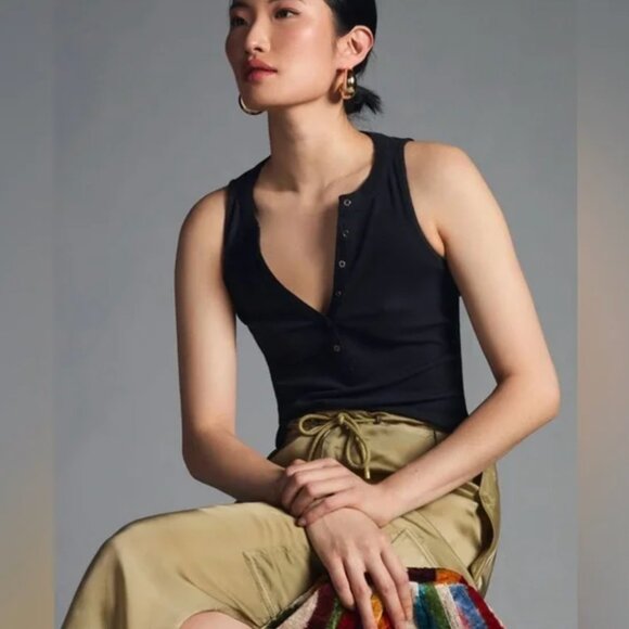 Andie Ribbed Henley Tank by Pilcro Charcoal Black - Picture 2 of 9